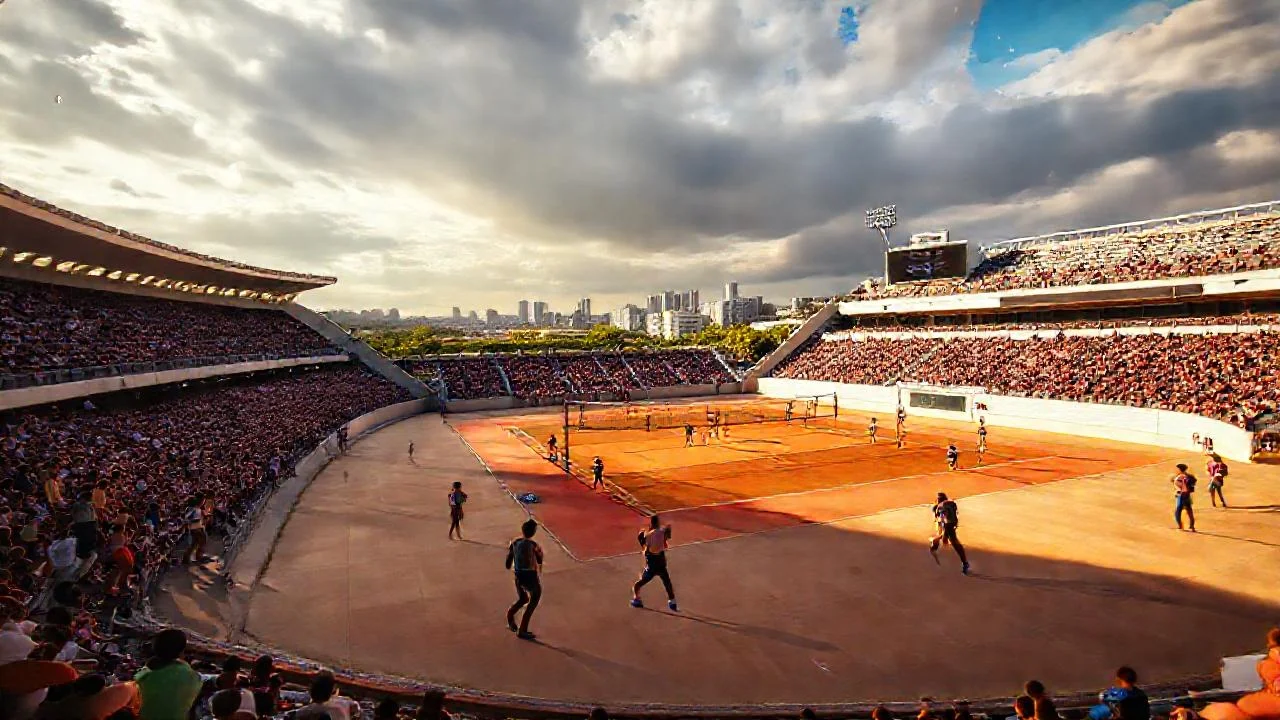 Volleyball en estadio vibrante y soleado