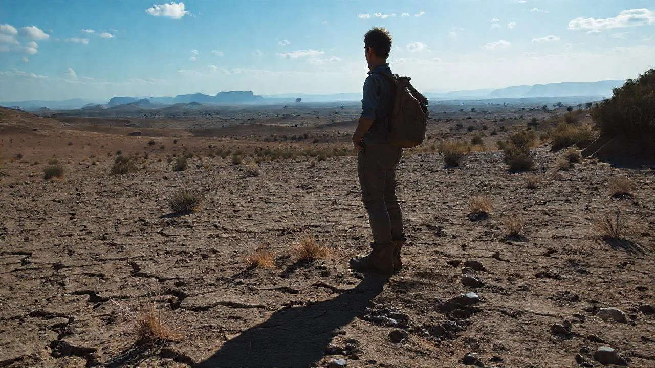 Un solitario viajero en árido paisaje