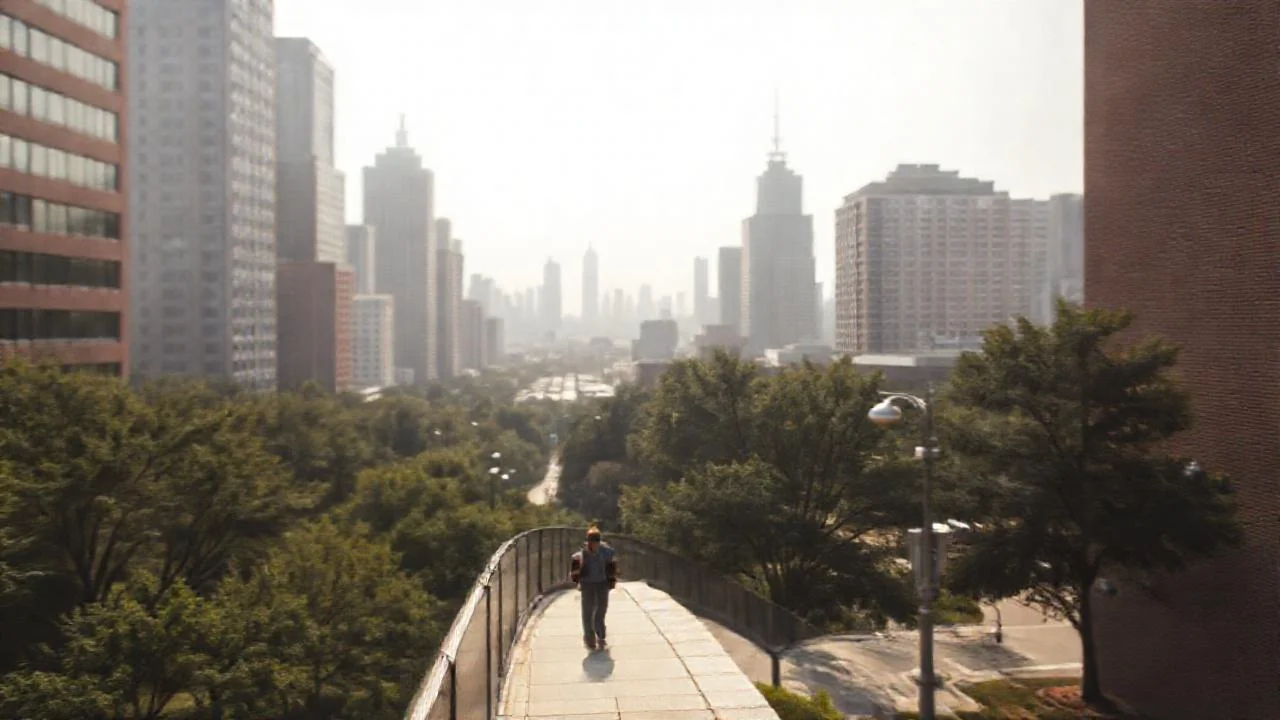 Ciudad moderna, vida cotidiana, luz difusa